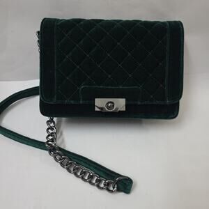 Quilted Velour Deep Green Crossbody Purse Chain Accent Channel Inspired Justfab
